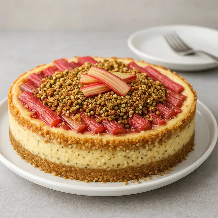 Rhabarber Käsekuchen Hanfsamen Crunch