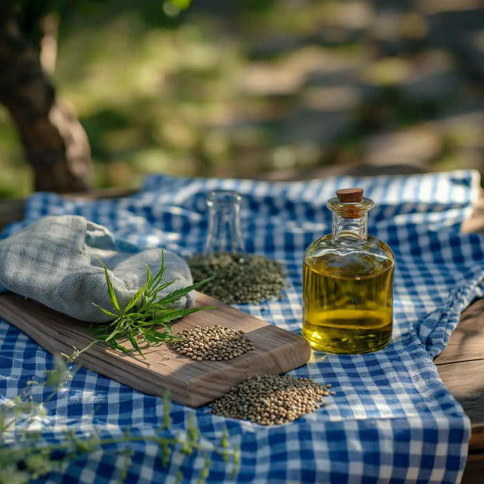 Hanföl, Hanfsamen und Hanfblätter auf einer Decke